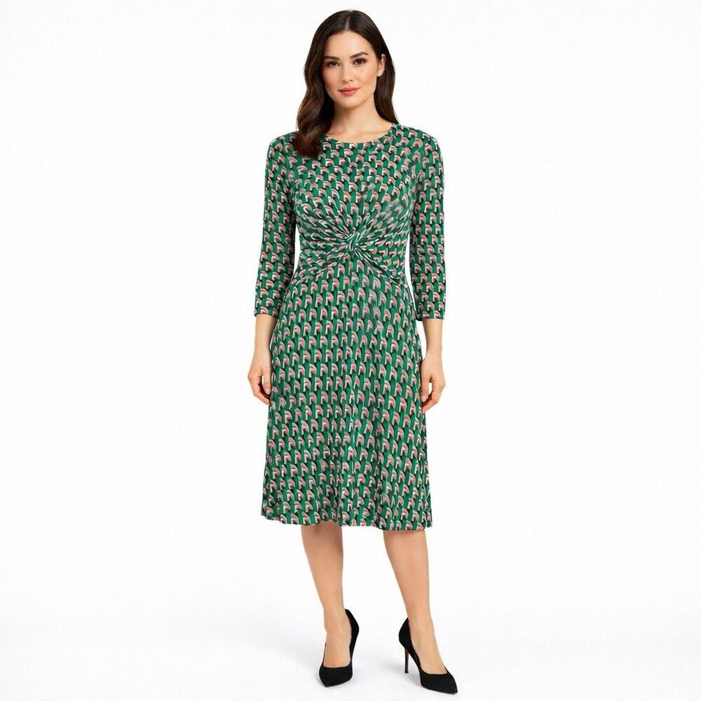 Donna Morgan Dress Geometric Twist Front Green Pink Black Size 2